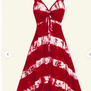 Red and White V Neck Asymmetrical Hem Dress 0